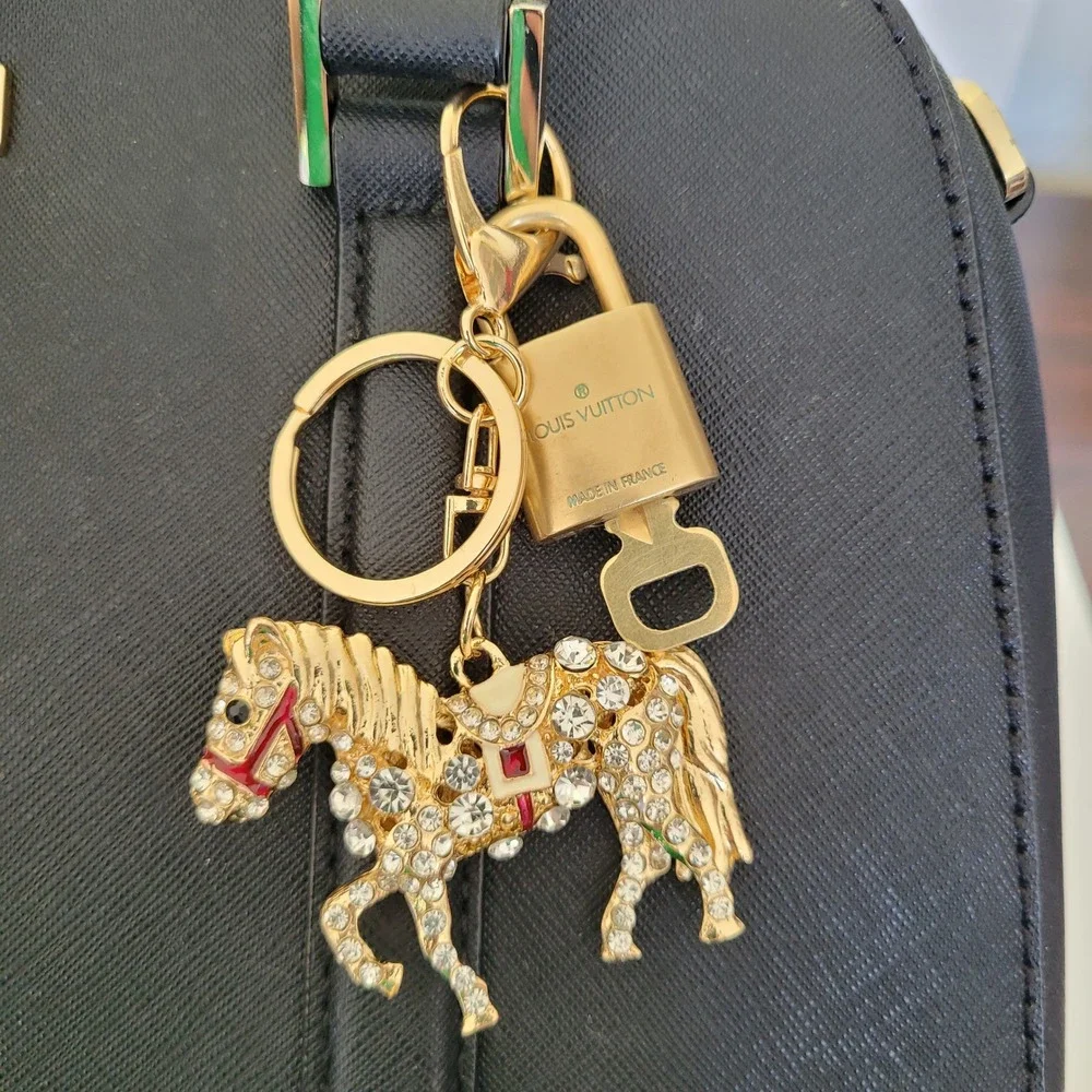 Louis Vuitton Padlock 303 & Rhinestone Horse Bag Charm Keychain Gold Tone